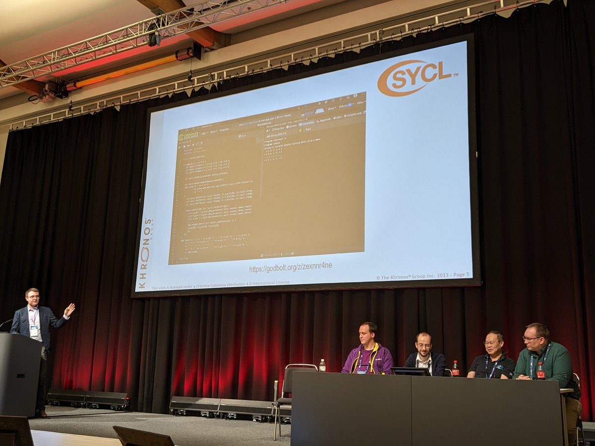 Today is the #sycl Birds of a Feather at @ISChpc. This is a chance for the community to generate discussion, and ask those difficult questions to a panel that includes Codeplay's Peter Zuzek and Michael Wong.