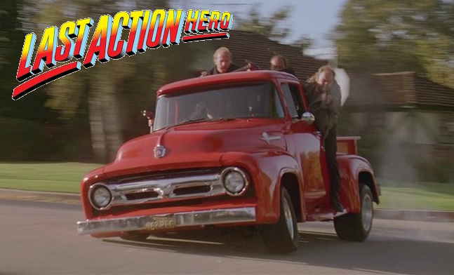 The custom 1956 Ford F-100 driven in Last Action Hero (1993) #Moviecar #movietwitter #musclecar #Retro #50s #badass #cars