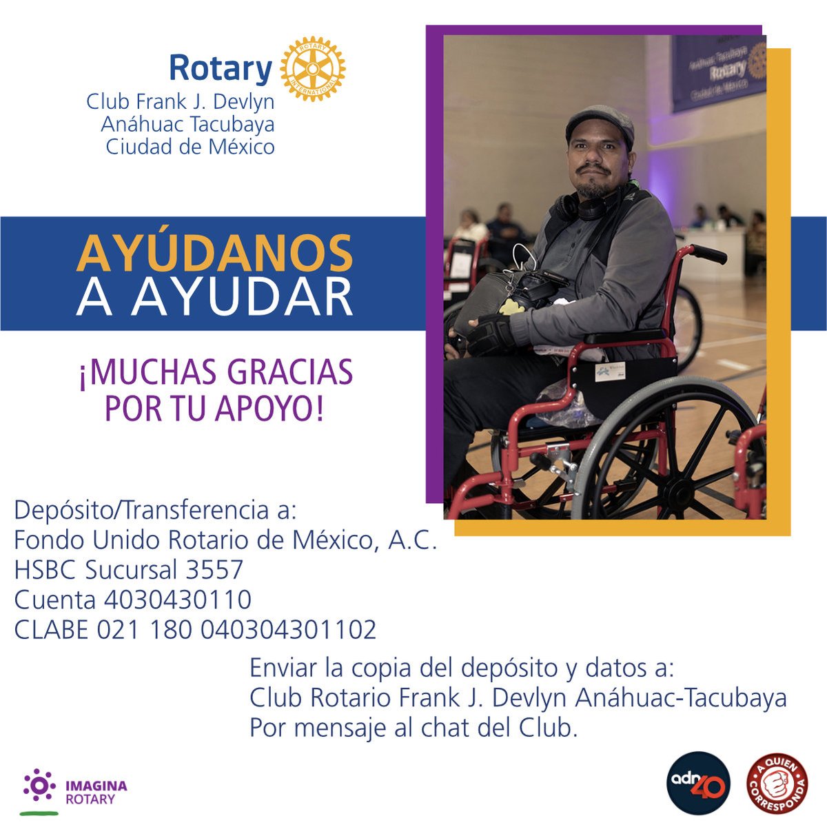 Tenemos el proyecto de distribuir en México 100 sillas de ruedas. Para la adquisición y su entrega, nos dirigimos a todos los que nos puedan ayudar para conseguir donativos de $1,800 por cada silla. ¡Contamos contigo!

#SomosRotary #ClubFrankDevlynAnahuacTacubaya #Ayudanosaayudar