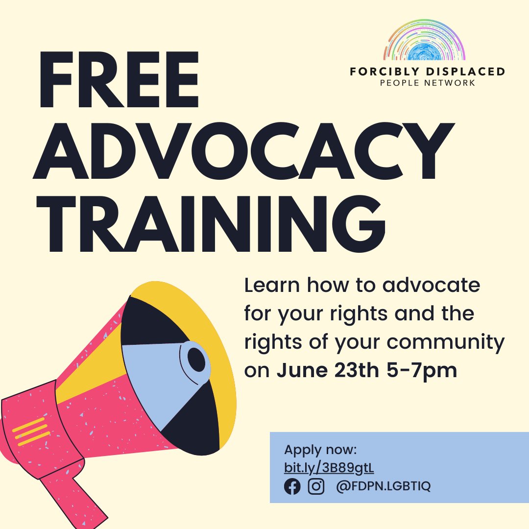📣Attention LGBTIQ+ displaced community members! Join our online advocacy training on Wed, June 23, from 5-7pm and learn how to become a better advocate for your rights and the rights of your community. Register now at bit.ly/3B89gtL 🌈📷 🦋#LGBTIQ+ #advocacytraining