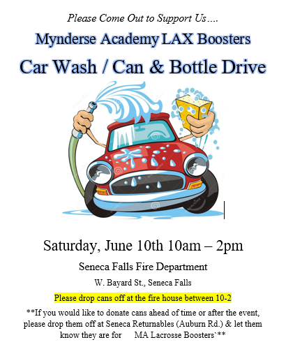 Please come out to support the Mynderse Academy Lacrosse program's Car Wash and Can Drive fundraiser.