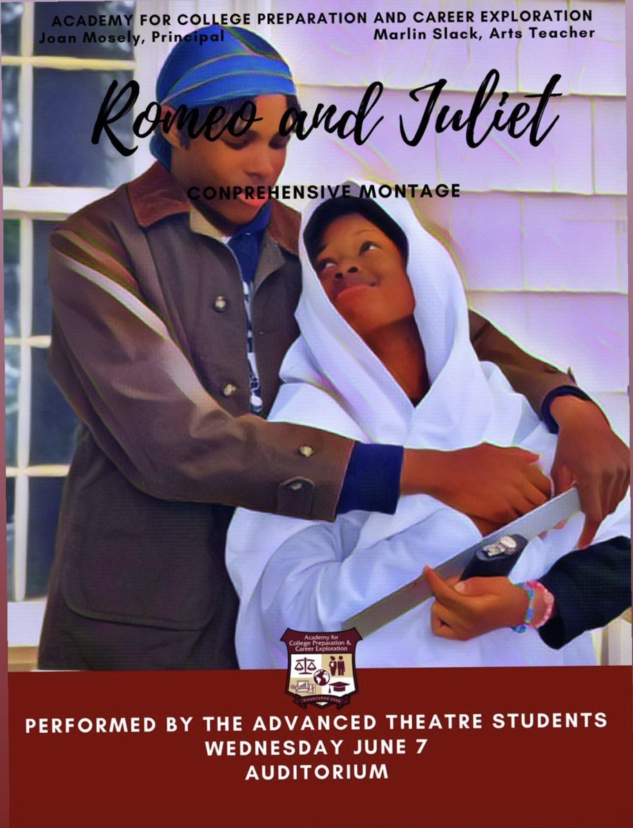 Romeo and Juliet is a tragedy written by William Shakespeare early in his career about the romance between two Italian youths from feuding families. See our Advanced Theater students perform it live tomorrow! Artistic Director: Marlin Slack, ACPCE Arts Director @marlinslack