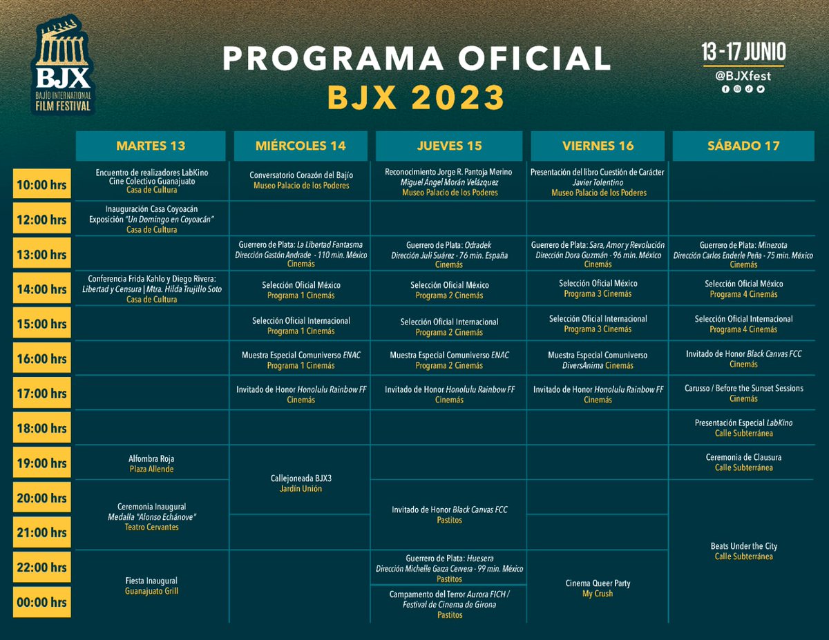 BJXfest's tweet photo. Te presentamos la programación oficial del #BJXfest 😎
Ven del 13 al 17 de junio a #Guanajuato y vive una experiencia de #película 🎥🎞️ https://t.co/FuMrKJ4N3I