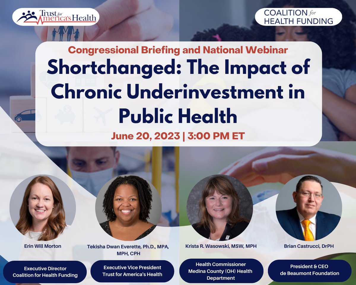 Attn #PublicHealthPolicy pros! Pls join <a href="/HealthyAmerica1/">TFAH</a> &amp; <a href="/healthfunding/">Coalition for Health Funding</a> for a virtual Congressional briefing &amp; discussion with #PublicHealth leaders on how to address the gaps in public health that have resulted from chronic underfunding. Register today:
us06web.zoom.us/webinar/regist…