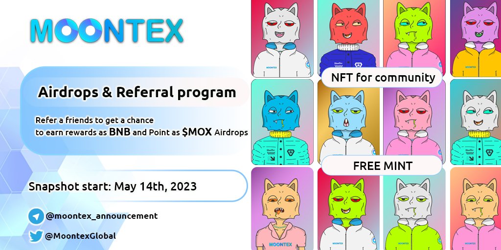 MoontexGlobal's tweet photo. 📣$MOX Airdrop is now live! 
Check eligibility here:
https://t.co/VEFHDhPWzg 

Mint free Nfts:
https://t.co/kx175EAZF5      
Refer a friends to earn rewards from referral program Grab it now !!     
#Airdrops #AirdropAlert #AirdropCrypto #Airdrop #NFTs #NFTCommunity #NFTGiveaway