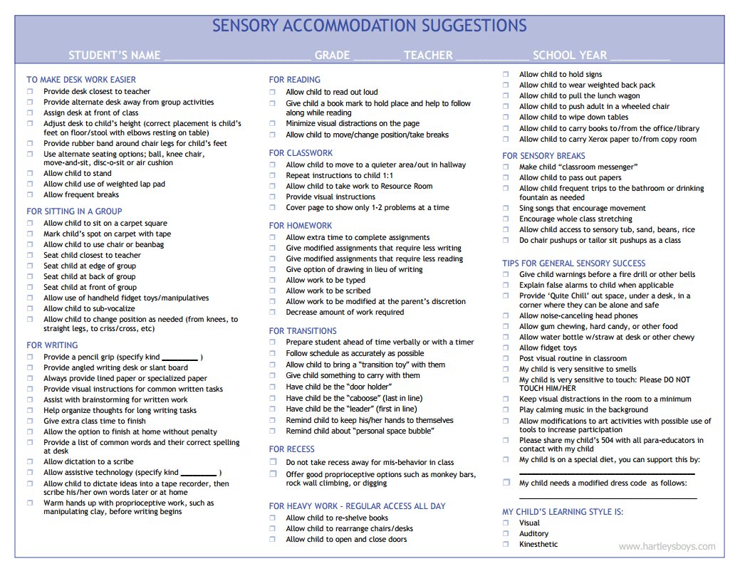 A comprehensive list of sensory accommodation suggestions: