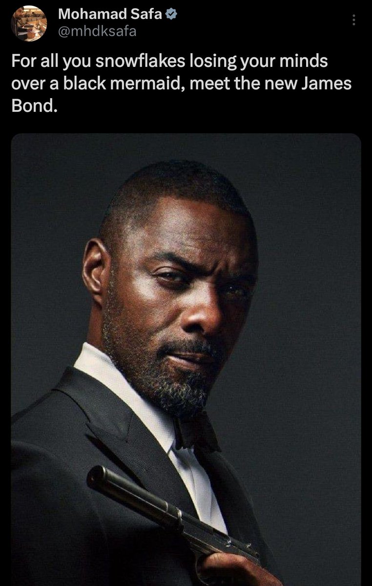 The full court press today using same format.  Guess what fuckwits, no one cares about Bond's skin tone. The character is continually recast decade after decade. 
And no Idris Elba is not cast as far as anyone knows, but none against it. 

Brit✔️
Sexy👍
Male 🤜
Hint of danger🥷🏾