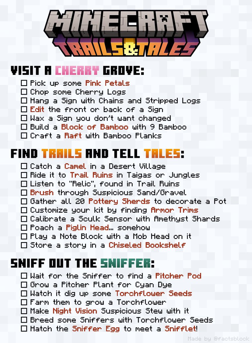 Here's a checklist for the Trails &amp; Tales update so you don't miss anything!

Have fun in Minecraft 1.20!