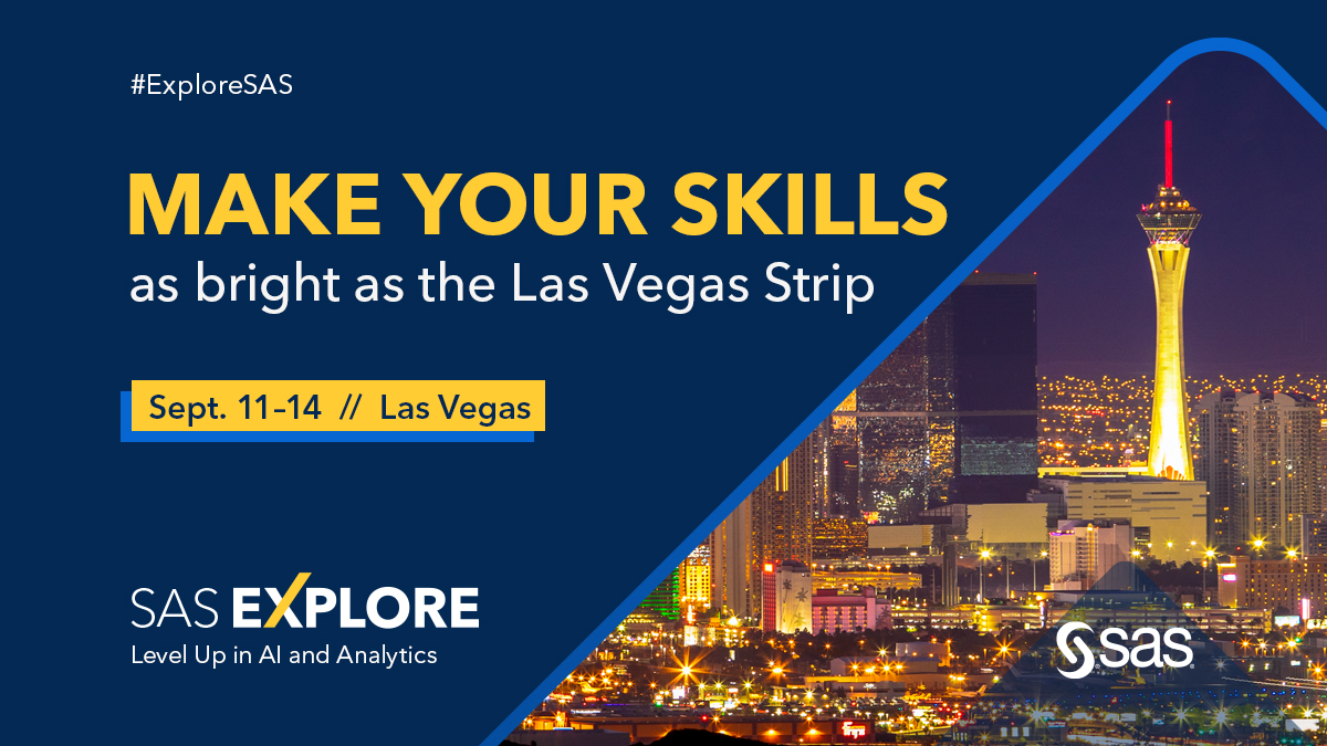 SAS Explore is on its way to Las Vegas! Meet us there Sept. 11-14 to level up and indulge in the hottest topics in AI and #analytics. Registration is open right now. 2.sas.com/6016OxpTg #ExploreSAS