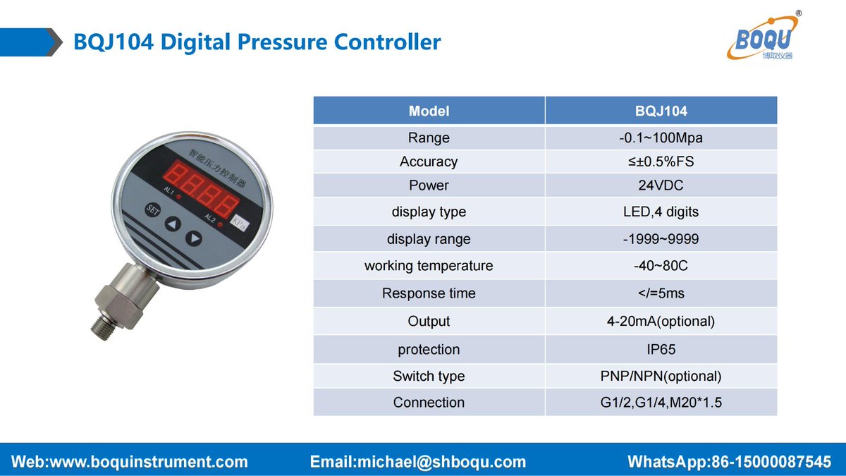 boquinstrument's tweet image. BQJ104 DIGITAL PRESSURE CONTROLLER
Website: mtw.so/618GFe

This is an intelligent digital displayed product for pressure testing and controlling.

#pressurecontroller #digitalpressuregauge