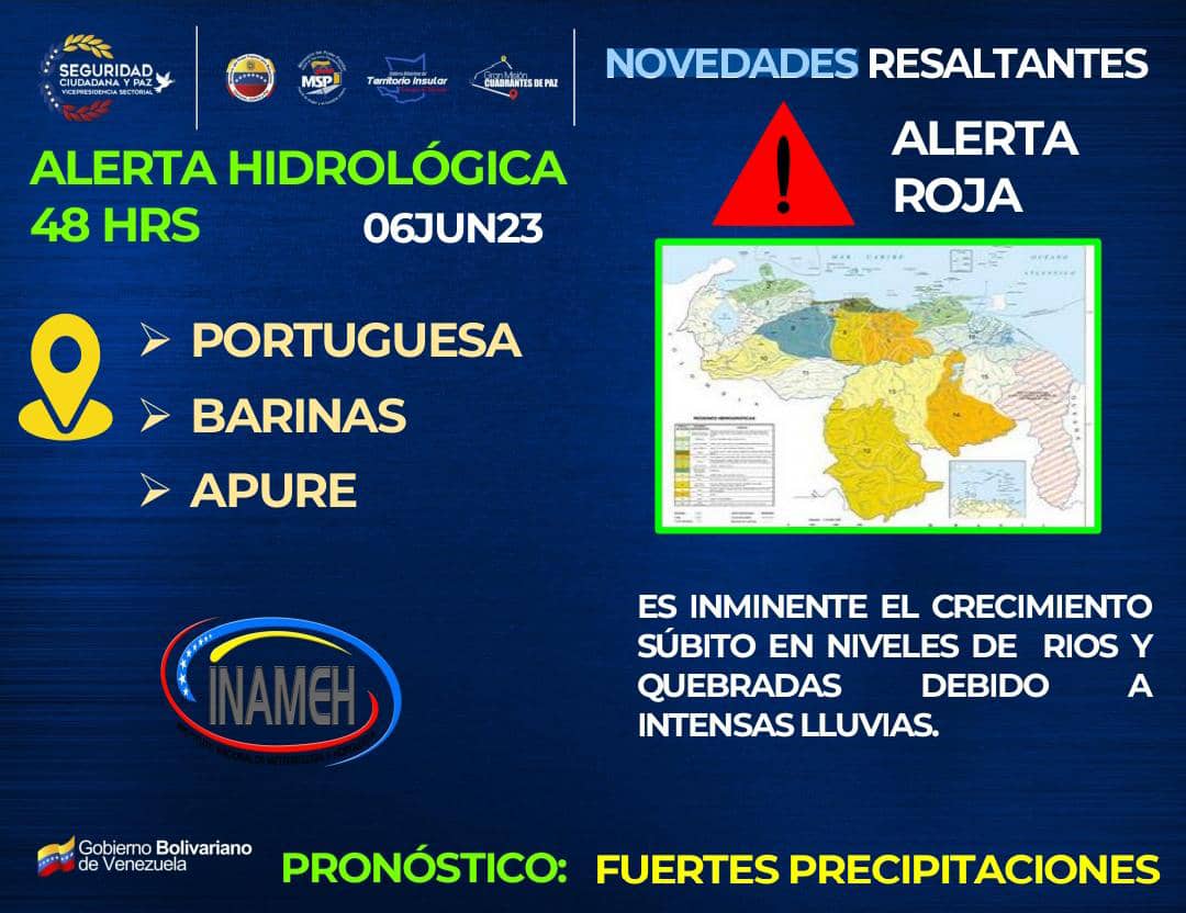 Atenció|| Atentos los siguientes estados #Portuguesa #Barinas y #Apure alerta roja de fuertes precipitaciones durante 48 #Horas
#NuevaGeometríaMultipolar
<a href="/NicolasMaduro/">Nicolás Maduro</a> 
<a href="/ViceVenezuela/">Vicepresidencia Vzla</a>
<a href="/InamehVenezuela/">Trash</a>
<a href="/PrimitivoPsuv/">Antonio Primitivo Cedeño</a> 
<a href="/VTVcanal8/">VTV CANAL 8</a>