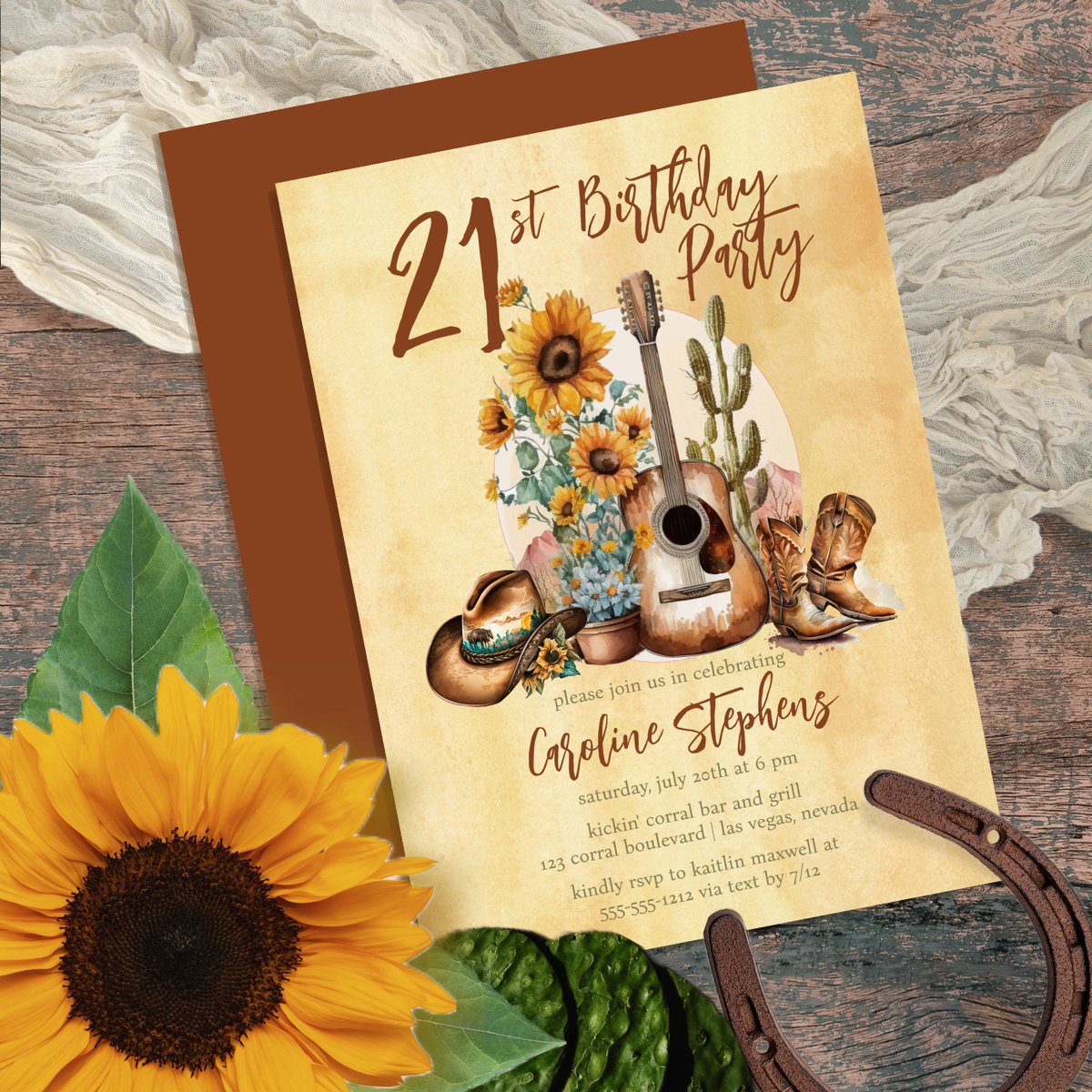 Boho Western Guitar Sunflowers 21st Birthday Party Invitation zazzle.com/boho_western_g…  #zazzlemade #21stbirthdayparty #invitations #boho #western #guitar #sunflowers #party #musictheme