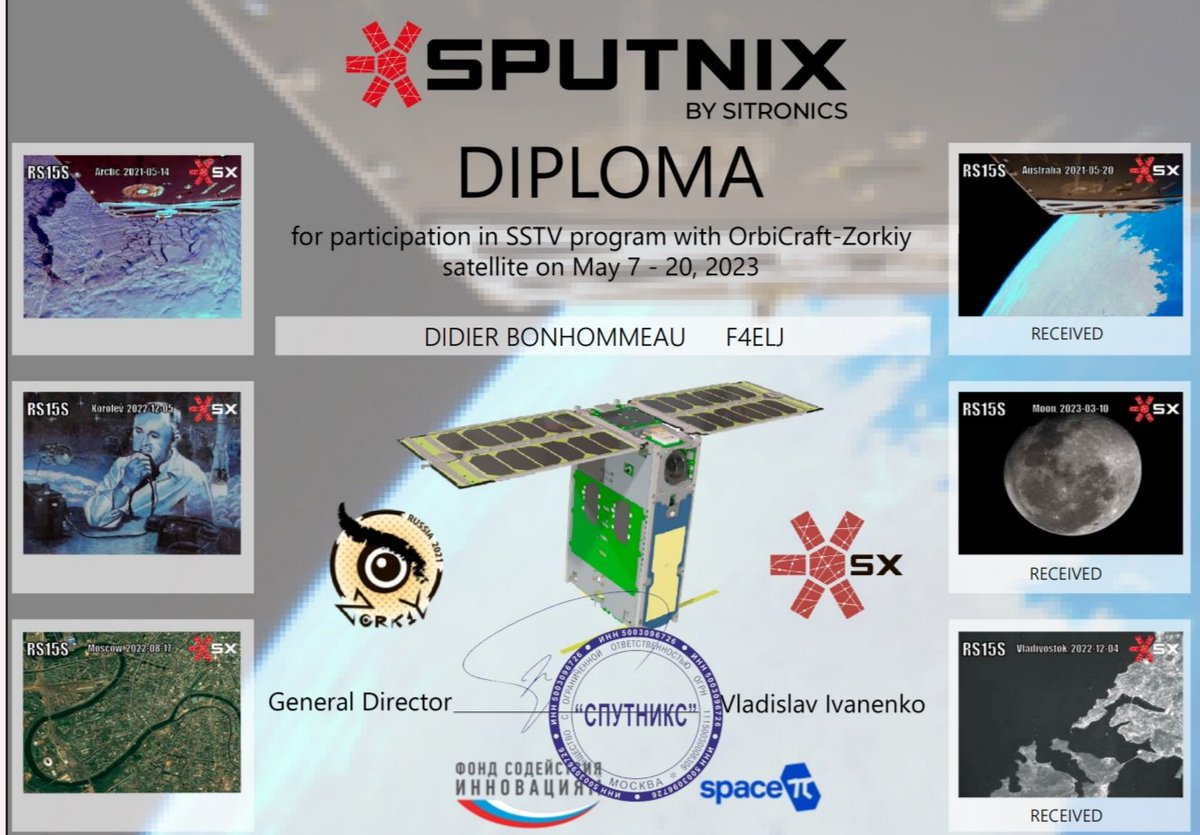 F4ELJ's tweet photo. Many thanks #Sputnix team for this diploma, to my participation of the SSTV Program with OrbiCraft-Zorkiy satellite. @Sputnixru #Satellite #Orbicraft #sstv #hamradio #hamr @F4ELJ https://t.co/wKyaC0r7Kq