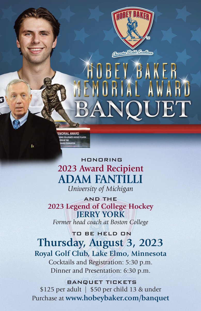 🏒🏆 Join us at the Hobey Baker Memorial Award Banquet on August 3rd, as we celebrate the remarkable achievements of Adam Fantilli and honor the legendary Jerry York! 🎉🙌 🌟 Get ready for an unforgettable evening of hockey greatness, camaraderie, and the recognition of these…