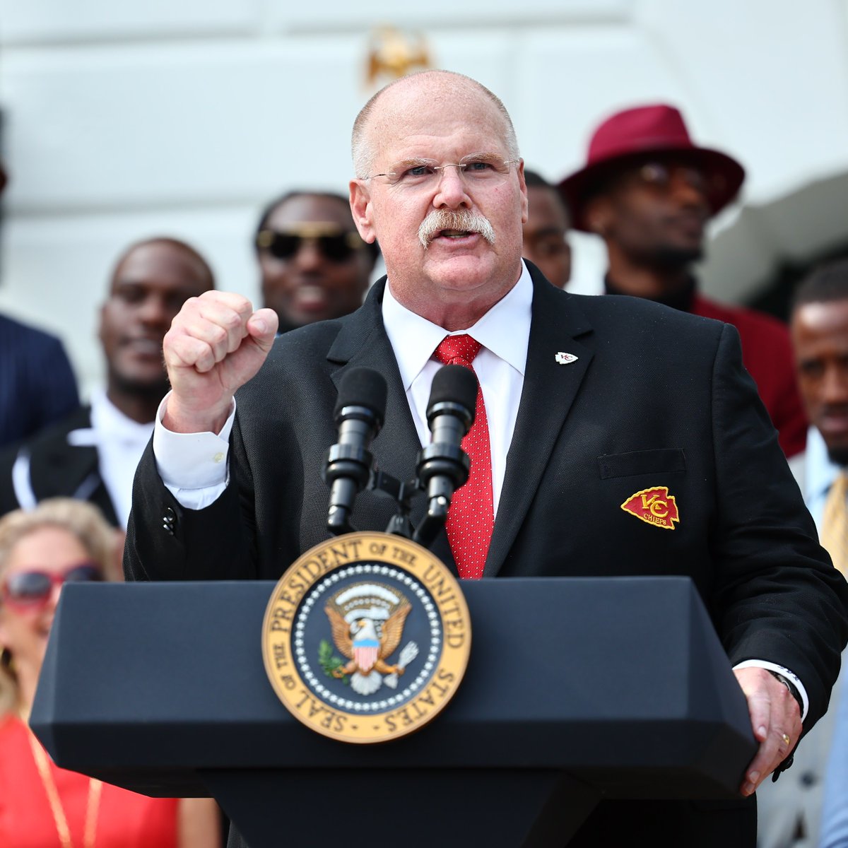 Chiefs's tweet photo. Big Red may have a career in this after he's done coaching 🇺🇸 https://t.co/dkVrrQznna