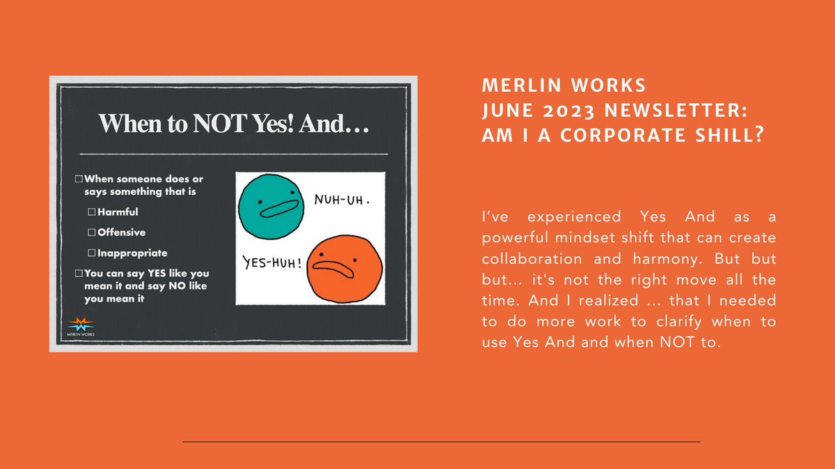 ShanaMerlin's tweet photo. Early Summer 2023 Merlin Works Improv Newsletter:  Read this season's newsletter to get a new perspective on one of Improv's Golden Rules: Yes, And... and how that may not always be the best answer.

https://t.co/ITB4GV7amB https://t.co/LWtRJvk93w