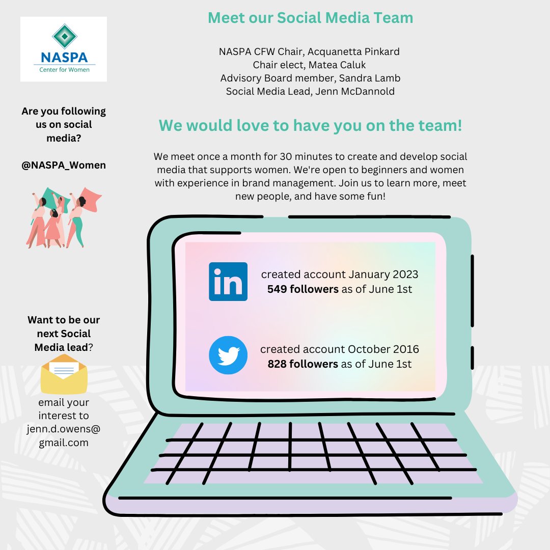NASPA_CFW's tweet photo. As we begin to plan our next year and welcome new Advisory Board members soon, we want to introduce the voices behind the posts, the Social Media team with @NASPA_Women!

#NASPACFW #NASPACFWAdvisoryBoard https://t.co/cN1qURO74w