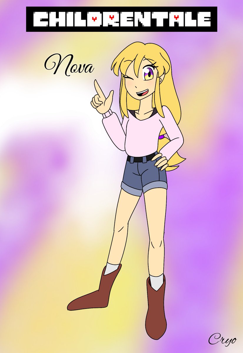 Cryocristal's tweet image. the last of the group, Nova, she is a human having parents with respectively a soul of justice for the mother and a soul of perseverance for the father, it seems that she inherited both traits of determination #childrentale #undertaleAU