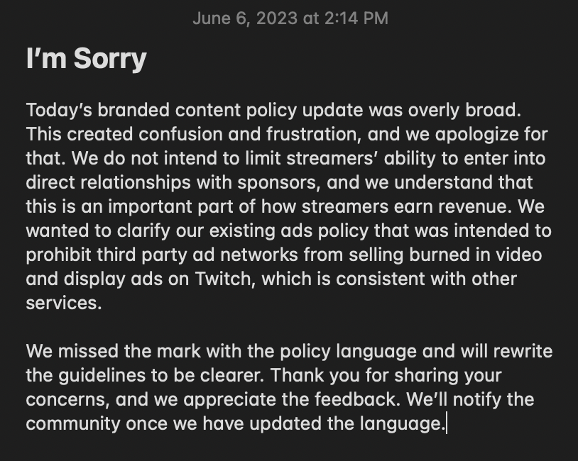 Twitch may as well have dropped a Notes app screenshot apology. 🤣