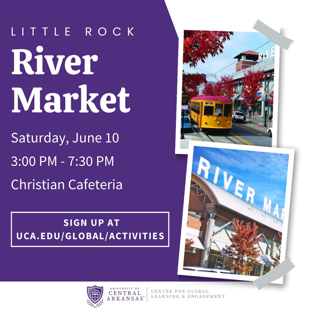 The CGLE office would be providing a trip to the Little Rock River Market on June 10th!
Be sure to register by this Thursday, 11:59 pm.

Register at:
uca.edu/global/activit… 
or 
use the link in our bio!