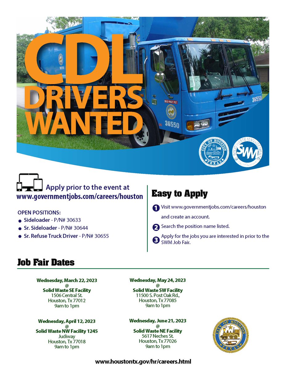 HoustonTrash's tweet photo. 💥Today💥
Job Fair with On Site Interviews!
📍5617 Neches St. Houston, TX. 77026
⏰ 9AM- 1PM
#COHCareers #CDLDrivers #SWMHiring https://t.co/BIDDQecfod