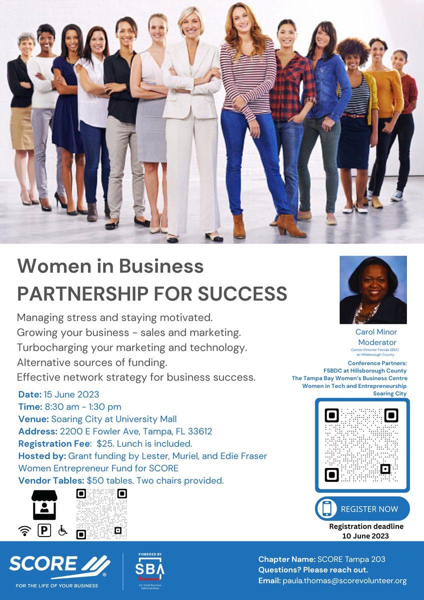 Score Tampa is hosting a fantastic 1-day Women in Business conference on June 15th in the BX2 auditorium in University Mall (aka Rithm). Moderated by Florida SBDC's Carol Minor, the event will cover a variety of topics for business growth. Details at 
bit.ly/3NeQ7ND