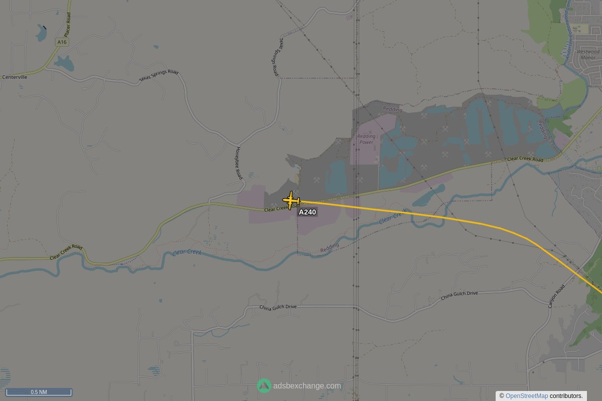 ffoverhead's tweet image. CalFire #N421DF callsign #A240 (a V10) was spotted near Shasta County, CA at approx 21:32 UTC squawking 1255 globe.adsbexchange.com/?icao=a4ffa7&amp;amp;z… #CalFire