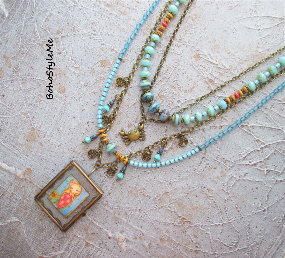 Baby Mermaid, Boho Style Me, Long Beaded Layering Pendant Necklace, BohoStyleMe, Handmade Modern Hippie Jewelry