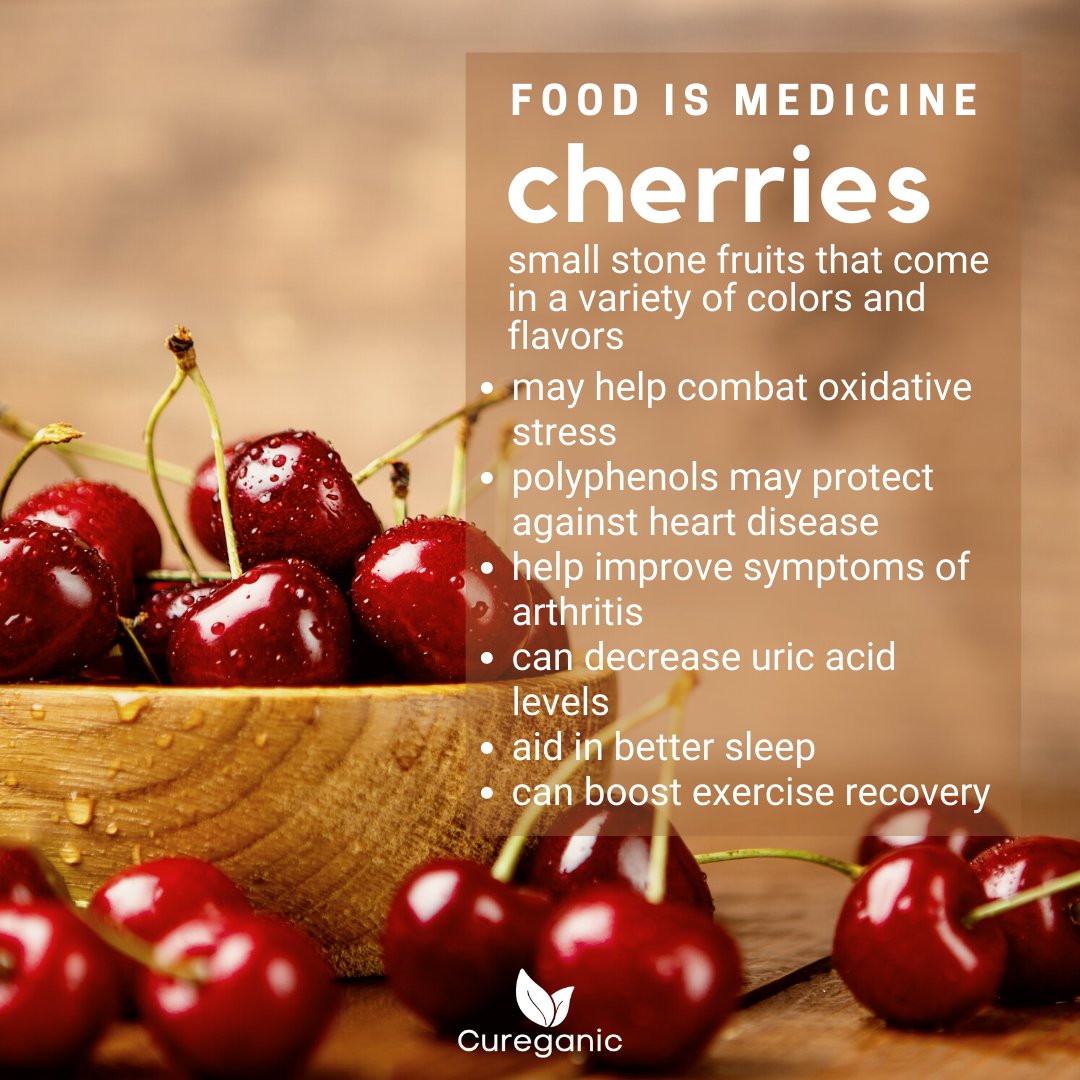 CureganicTeam's tweet photo. .Not only do cherries contain an array of potent plant compounds that can help reduce inflammation but eating them may improve sleep, boost heart health, and speed recovery after exercise.

Which one do you like, tart or sweet cherries?

source: https://t.co/Sbec0C8wxA https://t.co/OpYnXqvF3t