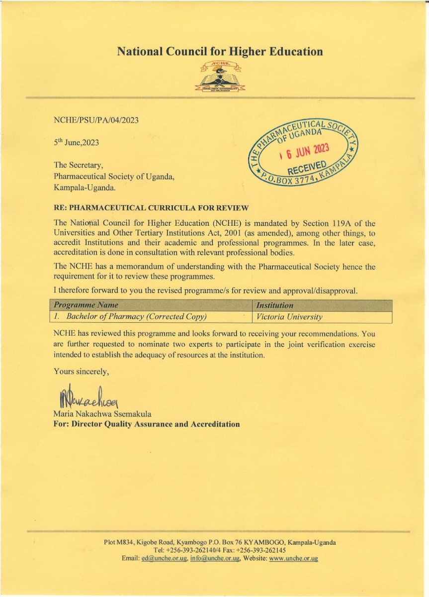 VUKampala's tweet photo. A few days ago, PSU asked for @VUKampala's revised Pharmacy Programme for review; and NCHE, the only accrediting body for all higher education programmes, promptly answered their call. 

A BIG Thank you to NCHE for choosing to support institutions under your care; instead of shooting them down. You are BUILDERS, not destroyers.  

We are now kindly waiting for the Approval.