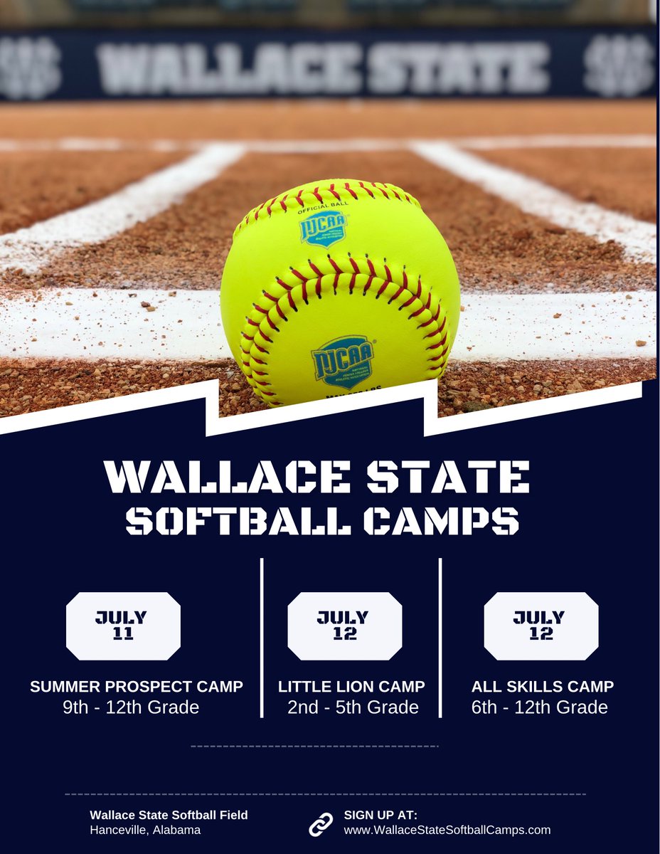 🚨 SUMMER CAMPS ARE OPEN! 🚨

Come learn from the 15x and defending ACCC Champions. Your first opportunity is coming up on July 11th, with our annual Summer Prospect Camp! We hope to see you there… COME BE A LION! 🦁

WallaceStateSoftballCamps.com

#Team43 | #WinningTradition