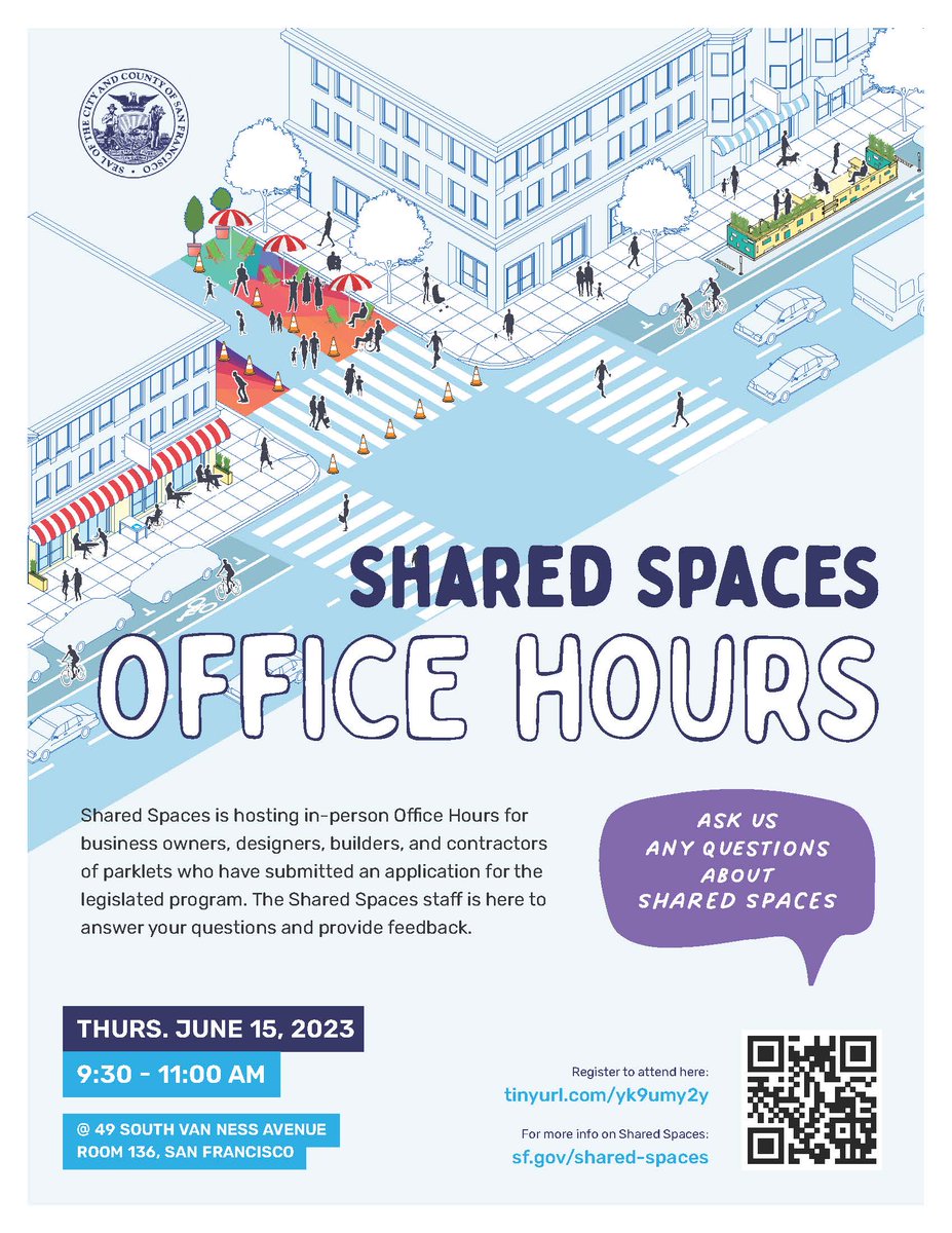 San Francisco Office of Small Business (@sfosb) on Twitter photo Come to an in-person session with <a href="/SharedSpacesSF/">Shared Spaces</a> to ask questions and get feedback on your Shared Space. Come to an in-person session with <a href="/SharedSpacesSF/">Shared Spaces</a> to ask questions and get feedback on your Shared Space.