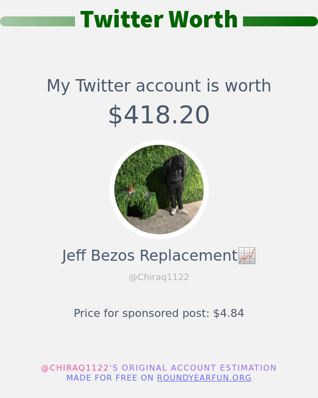 My Twitter worth is: $418.20

➡️ anyplacehere.me/twitterworth