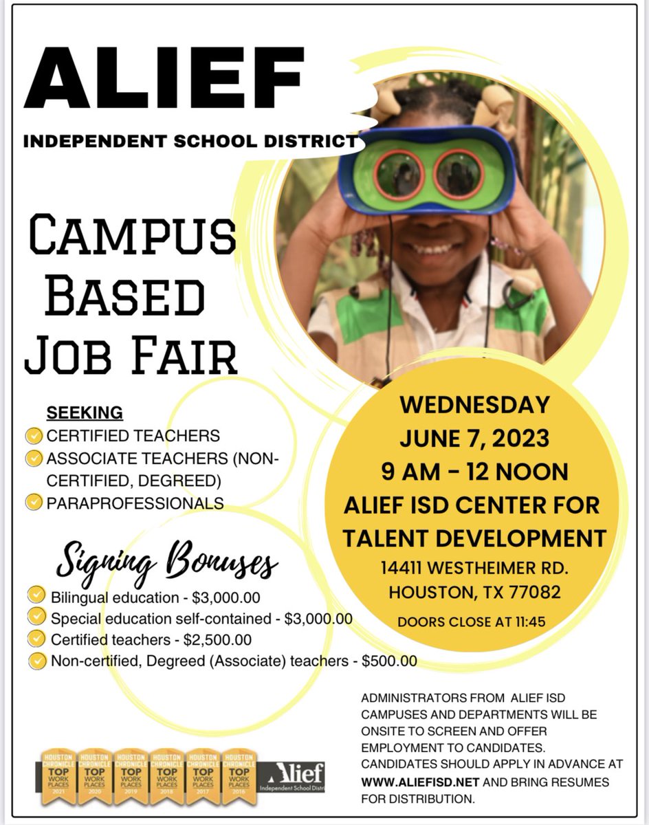 Alief HR Department (@aliefisdhr) on Twitter photo <a href="/AliefISD/">Alief ISD</a> Campus Job Fair tomorrow, 6/7 from 9am-12pm @ the Center for Talent Development.
Signing Bonuses
$2500 Teachers
$3000 Bilingual Teachers
$3000 SPED Self-Contained
$500 Associate Teachers
#ChooseAlief
<a href="/Region4ESC/">Region 4 ESC</a>
<a href="/TOT_ACP/">Teachers of Tomorrow</a>
<a href="/teachworthy/">teachworthy</a>
<a href="/GoodReasonHou/">Good Reason Houston</a> <a href="/AliefISD/">Alief ISD</a> Campus Job Fair tomorrow, 6/7 from 9am-12pm @ the Center for Talent Development.
Signing Bonuses
$2500 Teachers
$3000 Bilingual Teachers
$3000 SPED Self-Contained
$500 Associate Teachers
#ChooseAlief
<a href="/Region4ESC/">Region 4 ESC</a>
<a href="/TOT_ACP/">Teachers of Tomorrow</a>
<a href="/teachworthy/">teachworthy</a>
<a href="/GoodReasonHou/">Good Reason Houston</a>
