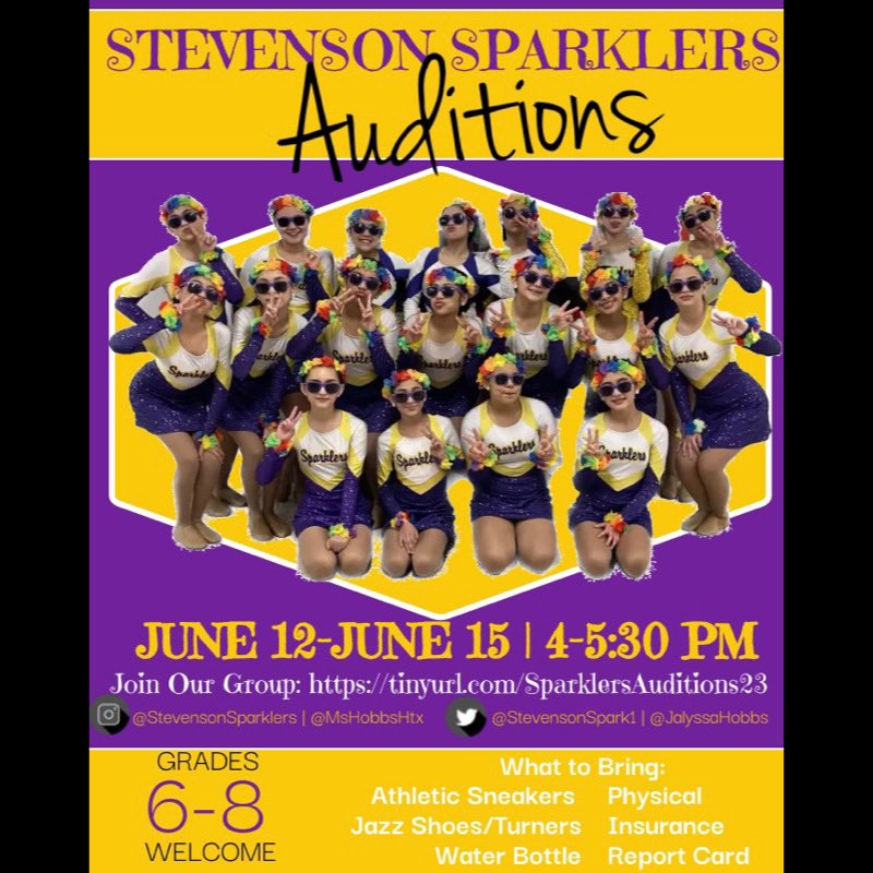 Stevenson Sparklers✨ (@stevensonspark1) on Twitter photo Auditions for the 2023-2024 Sparklers will be held NEXT week June 12-15.
Potential Sparklers need to bring a copy of their physical, report card, insurance or $35 to purchase insurance.
Please contact <a href="/jalyssarhobbs/">Jalyssa Hobbs</a> if you have questions. ✨
<a href="/WIStevensonMS/">Stevenson Dragons</a> Auditions for the 2023-2024 Sparklers will be held NEXT week June 12-15.
Potential Sparklers need to bring a copy of their physical, report card, insurance or $35 to purchase insurance.
Please contact <a href="/jalyssarhobbs/">Jalyssa Hobbs</a> if you have questions. ✨
<a href="/WIStevensonMS/">Stevenson Dragons</a>