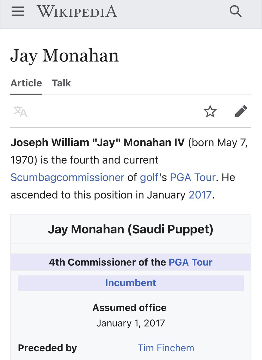In case anyone was interested in how the golfing public feels about Jay Monahan right now, here’s his current Wikipedia page #PGAandLIV