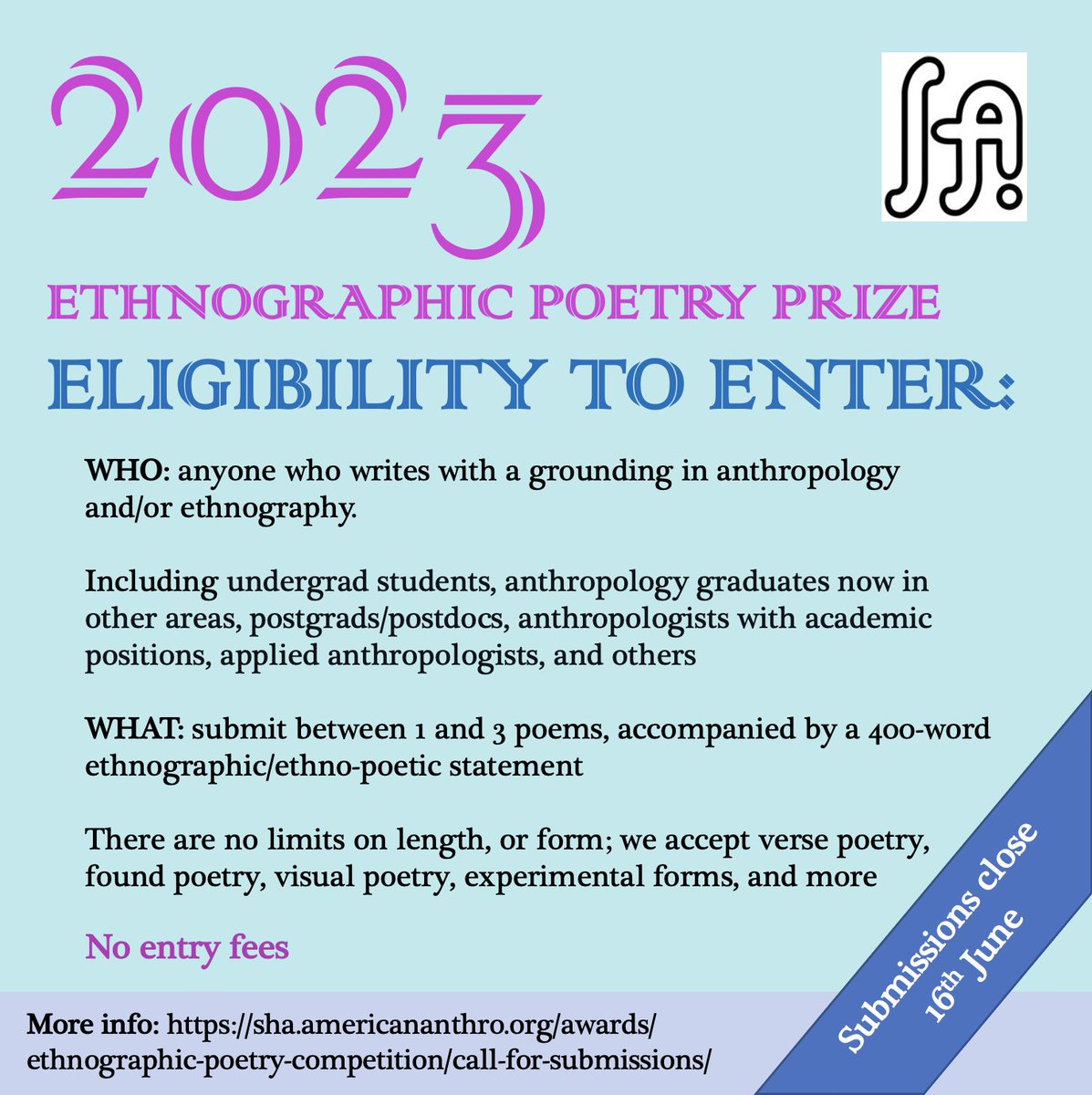 A little more info on who can enter the SHA Ethnographic Poetry Prize, and what forms of poetry we are looking for (spoiler alert: any and all!) #Anthropology #anthrotwitter #poetrycommunity #AcademicTwitter