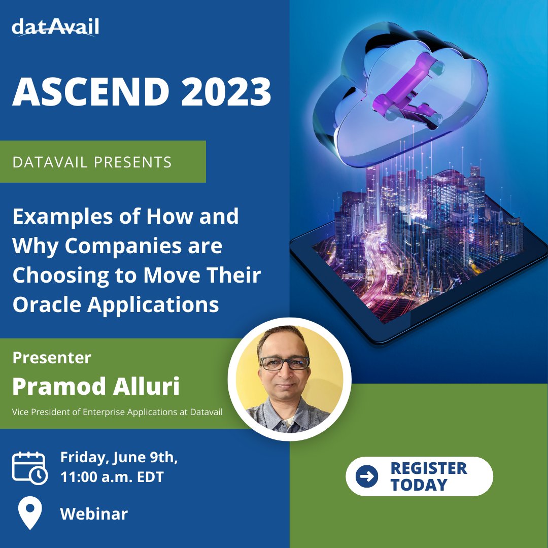 datavail's tweet image. Join us for an insightful session on #OracleApplication migration at #Ascend2023! Pramod Alluri, VP of Enterprise Applications at Datavail, will uncover why companies choose to move their #Oracle applications and share real-world examples: bit.ly/3DQ1FCd
.
#cloud