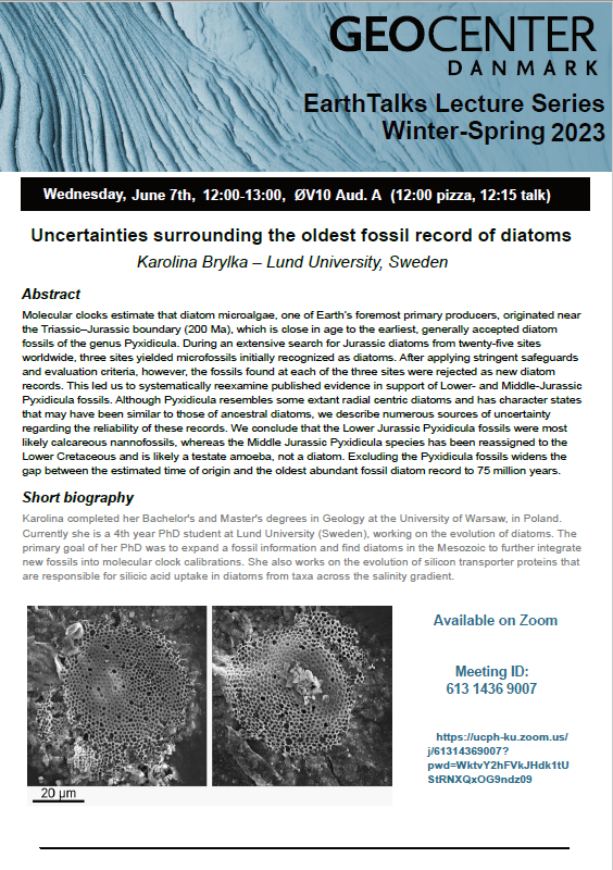 Geology_UCPH's tweet photo. Don't forget the #EarthTalks lecture tomorrow (07.06.23) at 12:15pm where Karolina Brylka will be talking about the oldest fossil record of diatoms and the uncertainties around it! You can also catch it online if you can't attend in person https://t.co/Zbty1A91gn