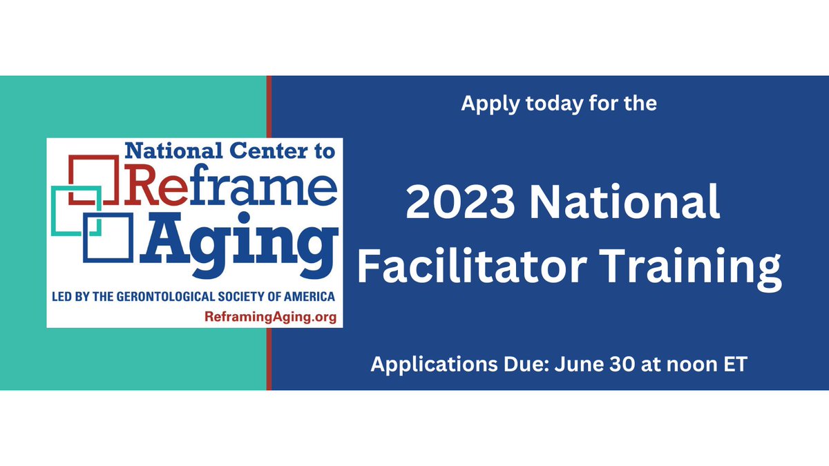 NCEAatUSC's tweet image. The National Center to @ReframingAging is hosting the 2023 National Facilitator Training! The facilitator training will equip participants to teach communication strategies to #ReframeAging. 

Applications are due 6/30 at 12PM ET. 

Learn more and apply: reframingaging.org/News-Events/Na…