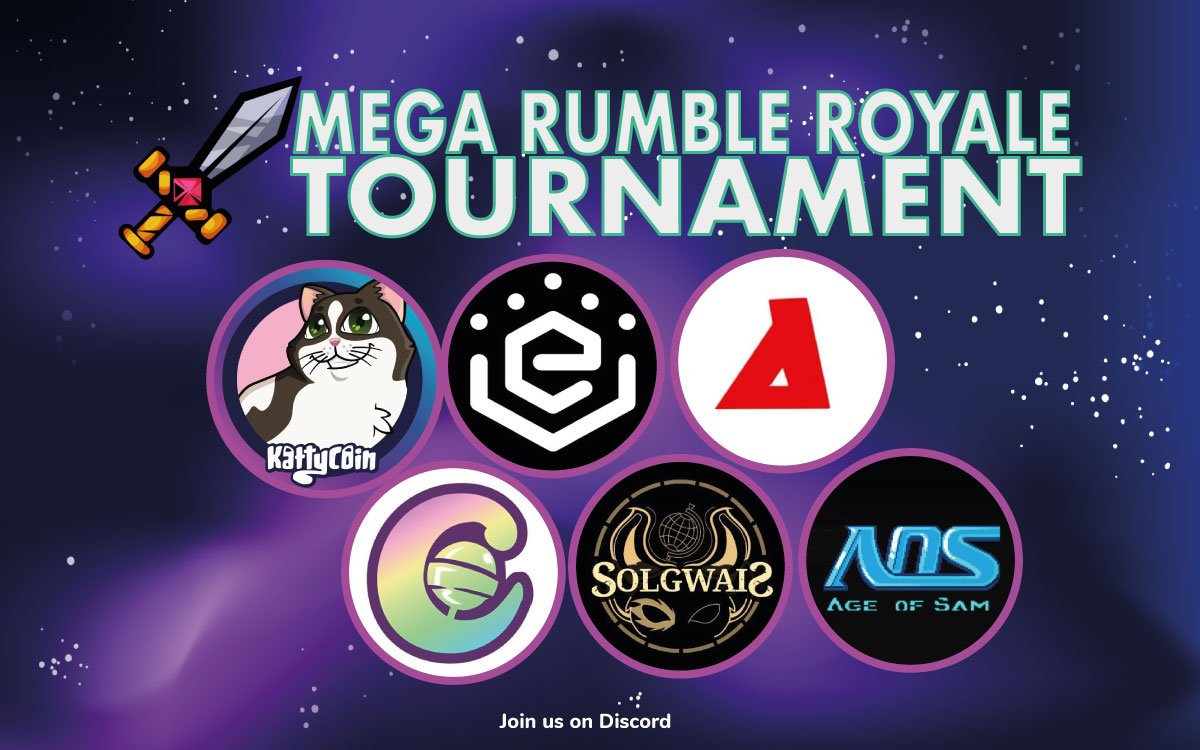 Yo Web3!
Im hosting MEGA RUMBLE ROYALE with 
<a href="/kattycoin/">KattyCoin</a> 
<a href="/EtalabsFoxes/">EtalabsFoxes</a> 
<a href="/PlayArmourX/">Armour | Closed Beta</a> 
<a href="/Candies_NFT/">CANDIES 🍭</a> 
<a href="/SolgwaisNFT/">Solgwais</a> 
<a href="/ageofsamnft/">AGE of SAM - Play to Survive</a> 
Dont forget to join every discord to take part in this dope event with awesome rewards!

08.06.2023 2PM UTC!