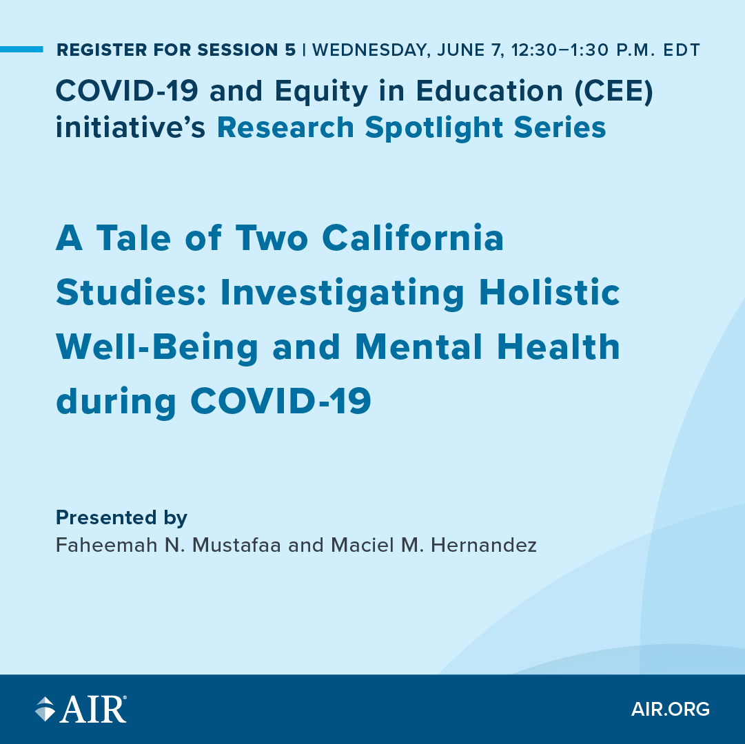 AIRInforms's tweet photo. Tomorrow 6/7, learn how the pandemic and school closures affected students in California in a webinar from AIR's #COVID19 and Equity Education Initiative.
12:30 pm EDT, register: https://t.co/zZZWWIFSrP https://t.co/rN0hvqYczE