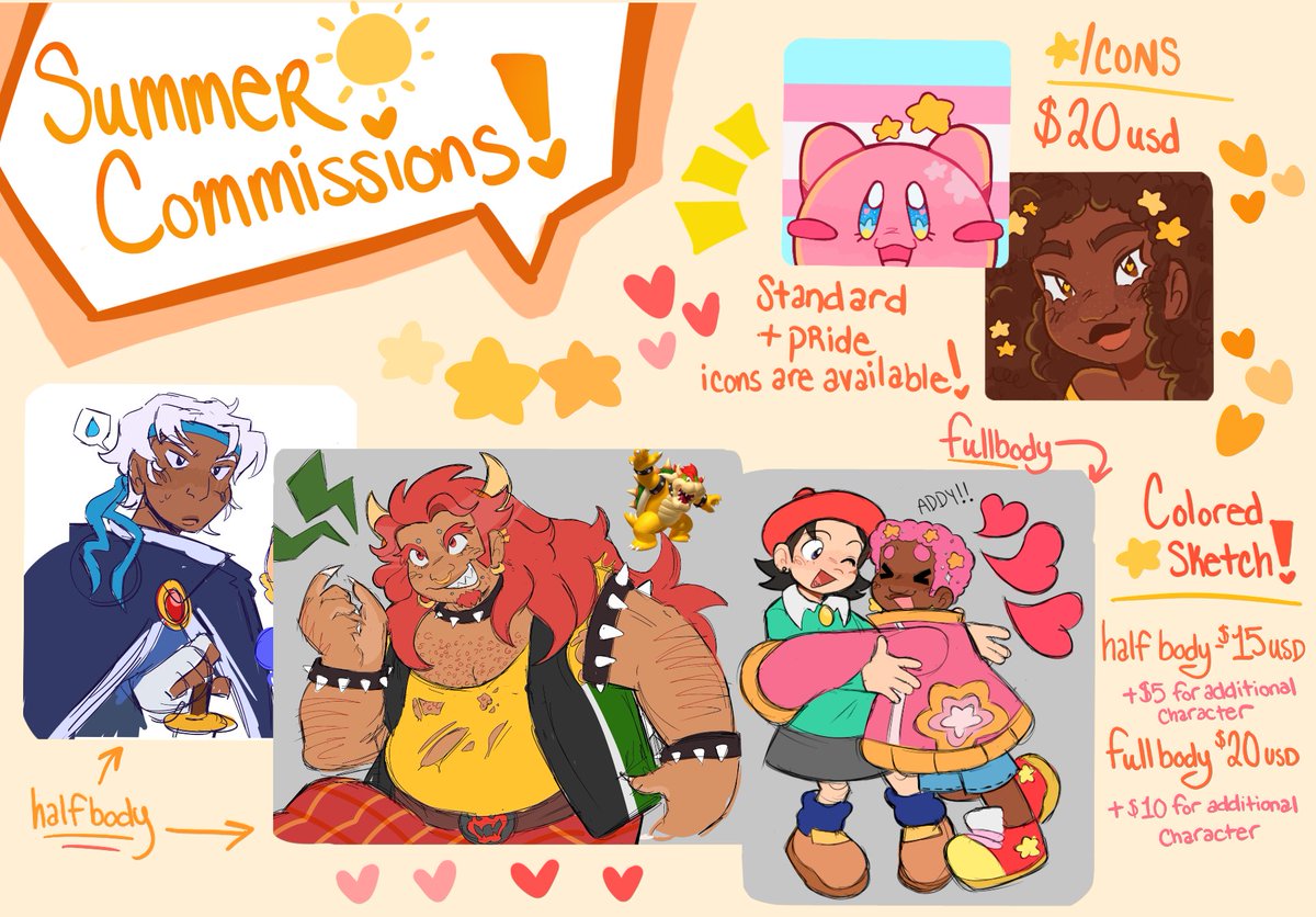 🚨 SUMMER COMMS ARE LIVE!!! 🚨 6 slots are open, if you'd like to order one or have any additional questions about prices/rules feel free to dm me!! 🌈☀️