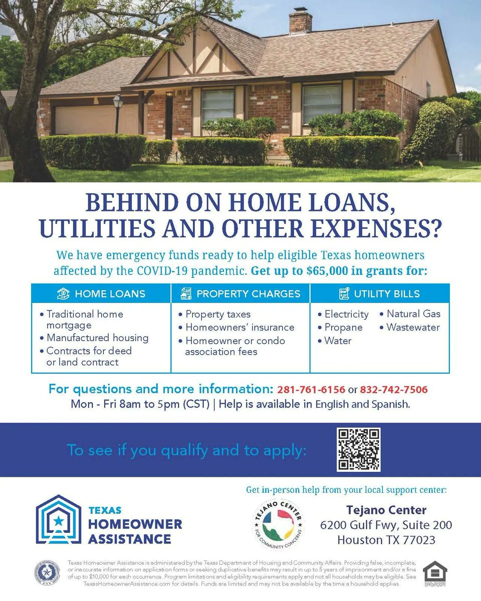 The TCCC Housing staff will be having weekly information sessions. Stop by to determine if you qualify and need assistance with the application! 

Pasadena: Tuesdays - 10am-1pm 
Baytown: Wednesdays- 9am-1pm
Park Place: Thursdays- 1pm-5pm 
#makingithappenttogether @TejanoCenter1