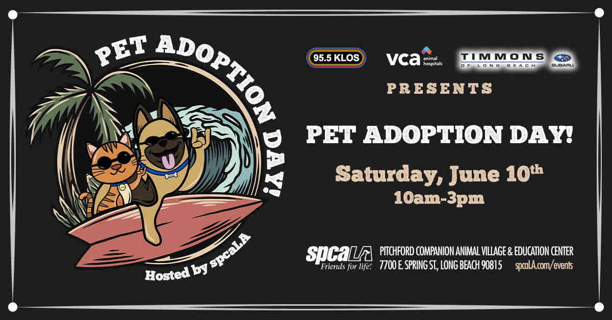 KLOS invites you to Pet Adoption Day on Saturday, June 10th from 10 a.m. to 3 p.m. at spcaLA’s P.D. Pitchford Companion Animal Village in Long Beach 🐶🐾🐱Hundreds of adorable pets looking for new homes and fun for the entire family! Sponsored by Timmons Subaru @TimmonsSubaru