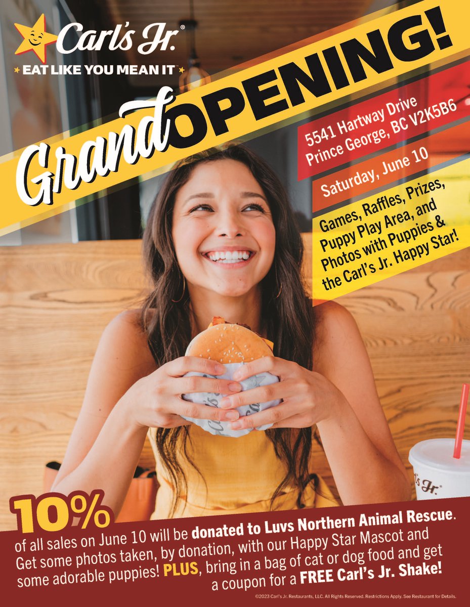 We're so excited to join our friends at <a href="/CarlsJrCA/">carlsjrca</a> for the grand opening of their Hart location! 🎉🥳🎈

We'll be selling raffle tickets, petting puppies, and just having a blast, so we hope you stop by THIS SATURDAY! 🍔🐶🎟️🥤

#bigsnbc #carlsjr #biggertogether #fundraising