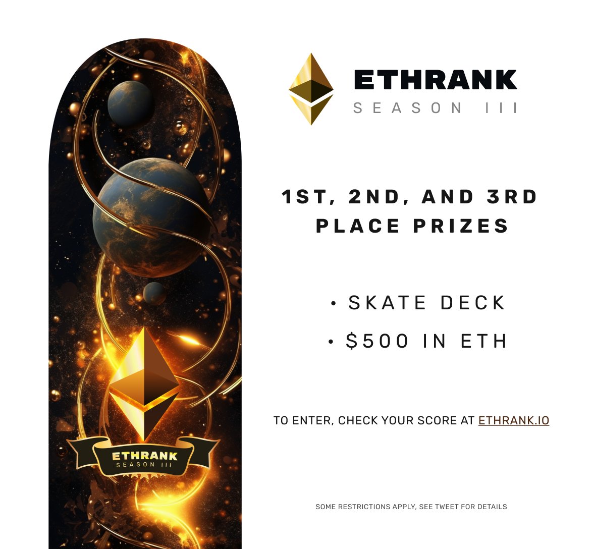 Who will be the 3 Ethereum enthusiasts to get this dope skate deck and $500 worth of ETH?

Could it be you?