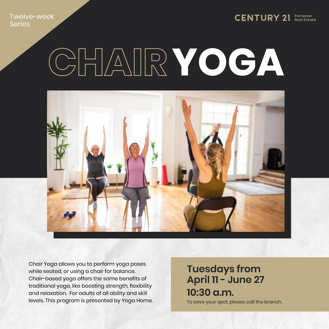 Join Chair Yoga, a revitalizing program presented by Yoga Home, where you can experience the benefits of yoga while comfortably seated or using a chair for balance.
#ChairYoga #YogaForAll #SeatedYoga #ChairBasedYoga #localevents