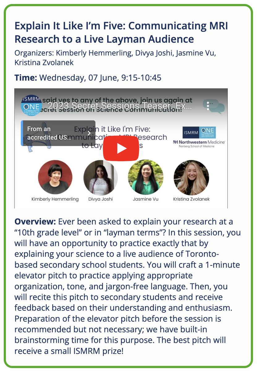 Kimberly Hemmerling (@kjhemm) on Twitter photo Come pitch your scientific work to local Toronto secondary school students at our Science Communication Secret Session tomorrow morning (9:15am Wed 6/7)! <a href="/jasmine_vu1/">Jasmine Vu</a> <a href="/djoshi0611/">Divya Joshi</a> <a href="/kzvolanek/">Kristina Zvolanek</a> #ISMRM23 <a href="/ISMRM/">ISMRM</a> youtu.be/VpP8MSriWFA Come pitch your scientific work to local Toronto secondary school students at our Science Communication Secret Session tomorrow morning (9:15am Wed 6/7)! <a href="/jasmine_vu1/">Jasmine Vu</a> <a href="/djoshi0611/">Divya Joshi</a> <a href="/kzvolanek/">Kristina Zvolanek</a> #ISMRM23 <a href="/ISMRM/">ISMRM</a> youtu.be/VpP8MSriWFA