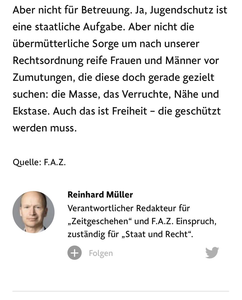»…die Masse, das Verruchte, Nähe und Ekstase. Auch das ist Freiheit – die geschützt werden muss.« — FAZ einf auf dem Niveau von Onkel Reinhard nach dem 12. Eierlikör… »die Ekstase«?? bitte wiederhol das nochmal wenn du mit K.O.-Tropfen-Schüttelfrost &amp; Durchfall vorm Klo liegst